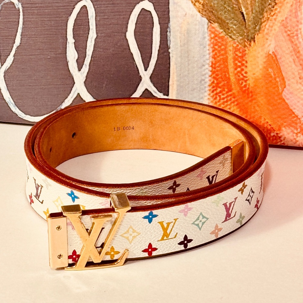 Louis Vuitton White Multicolor Monogram Leather Belt with Gold LV Buckle